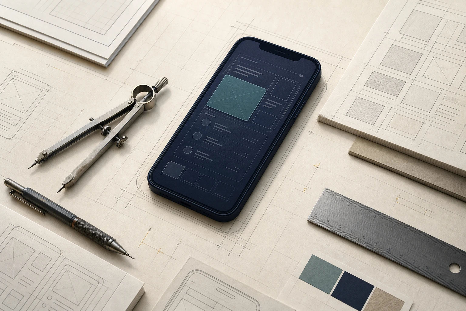 A smartphone concept lies on a drafting board among a compass, pencil, ruler and sketched app modules.
